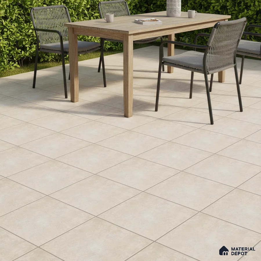 Modern outdoor patio with beige ceramic floor tiles and wooden dining set