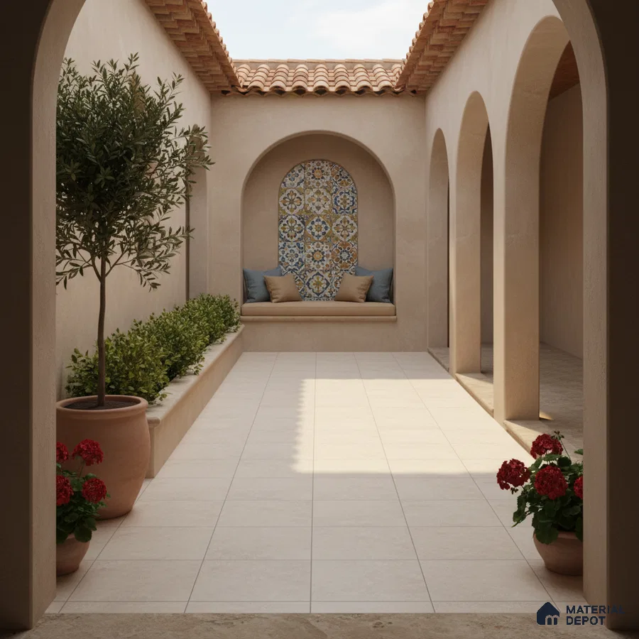 Mediterranean outdoor courtyard with beige floor tiles and patterned moroccan accent wall tile