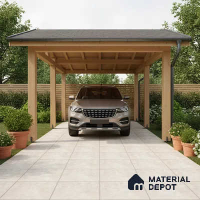 Modern parking with light beige outdoor floor tiles and natural wood carport structure