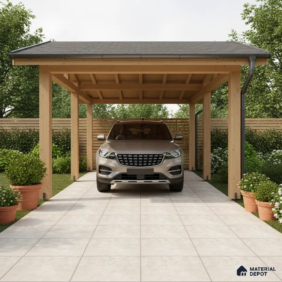 Modern parking with light beige outdoor floor tiles and natural wood carport structure