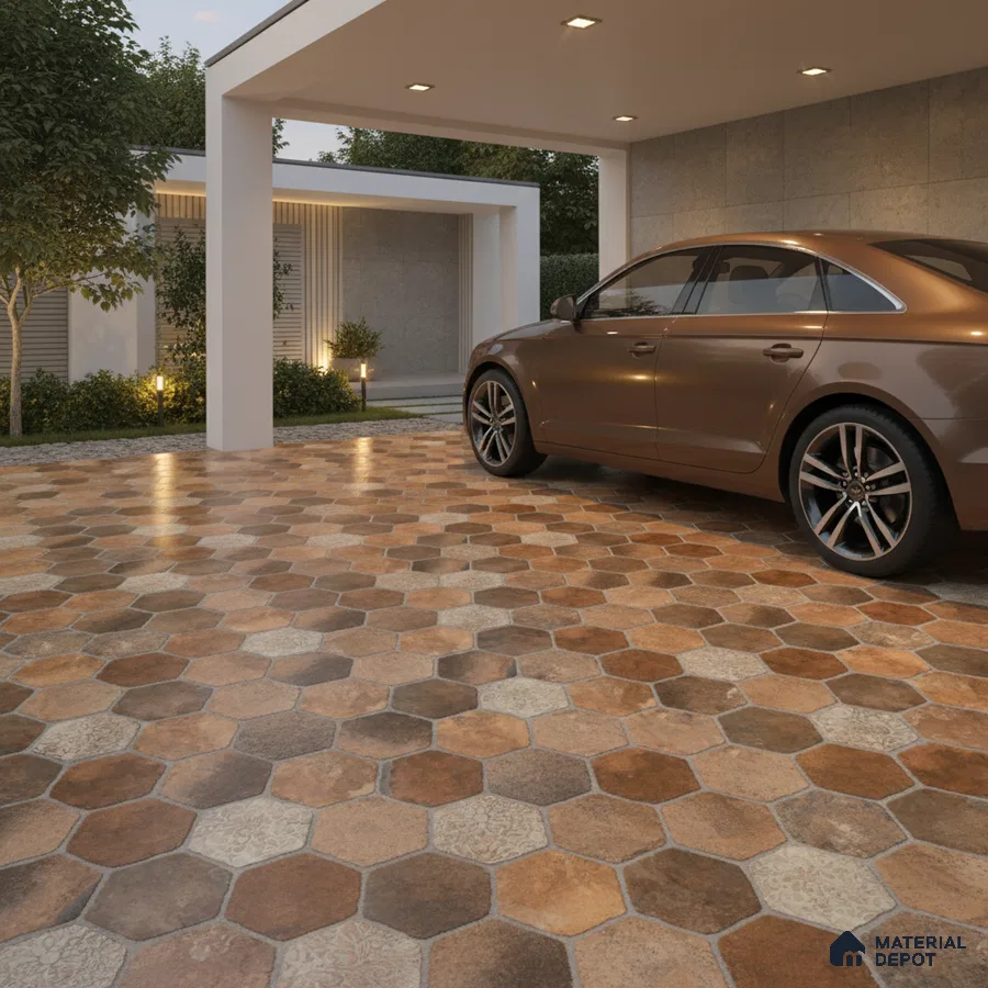 Modern parking with rustic hexagonal terracotta and beige patterned floor tiles