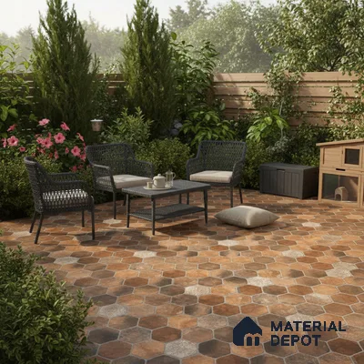 Mediterranean outdoor patio with terracotta hexagonal floor tiles and wicker furniture