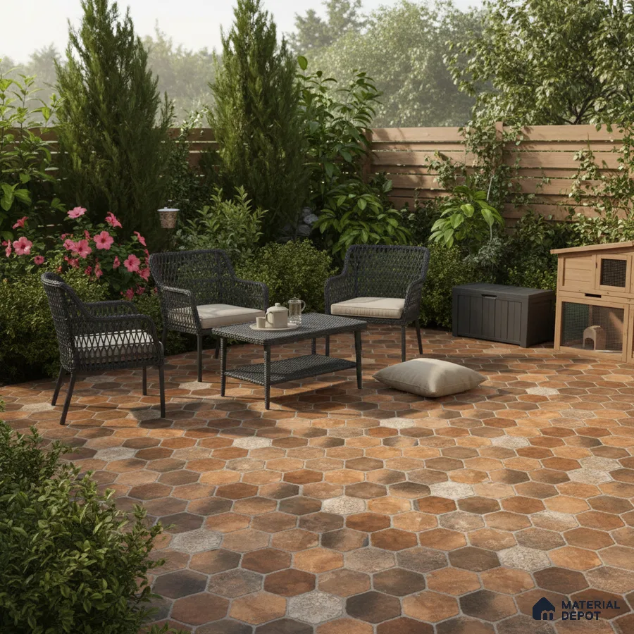 Mediterranean outdoor patio with terracotta hexagonal floor tiles and wicker furniture