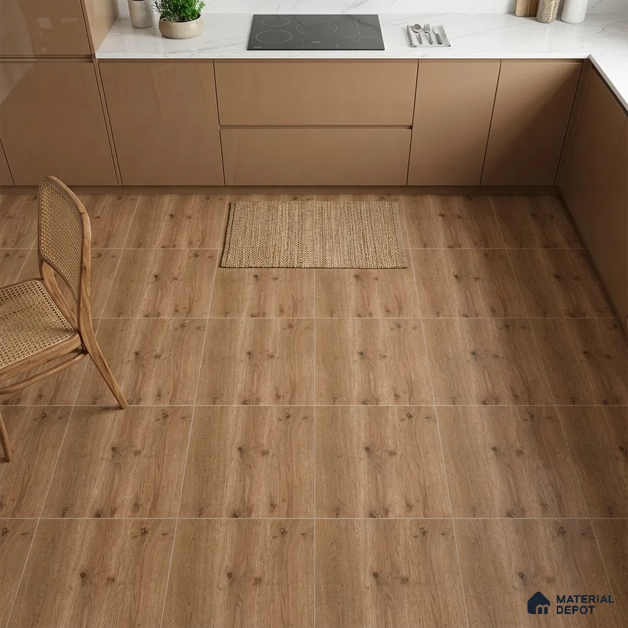 Modern kitchen with glossy beige laminate cabinets, white marble-look countertop, and oak wood-look floor tiles