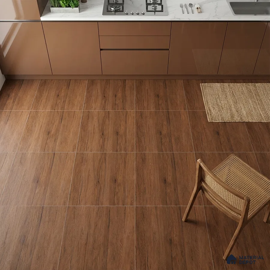 Modern kitchen with glossy brown laminate cabinets and walnut wood-look floor tiles
