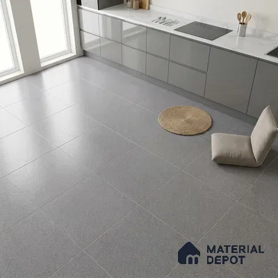 Minimalist kitchen with grey glossy laminate cabinets and large format matte grey floor tiles