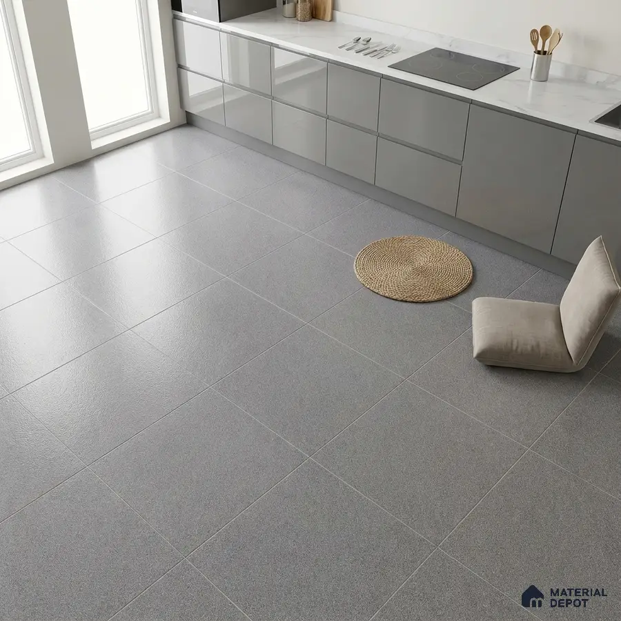 Minimalist kitchen with grey glossy laminate cabinets and large format matte grey floor tiles