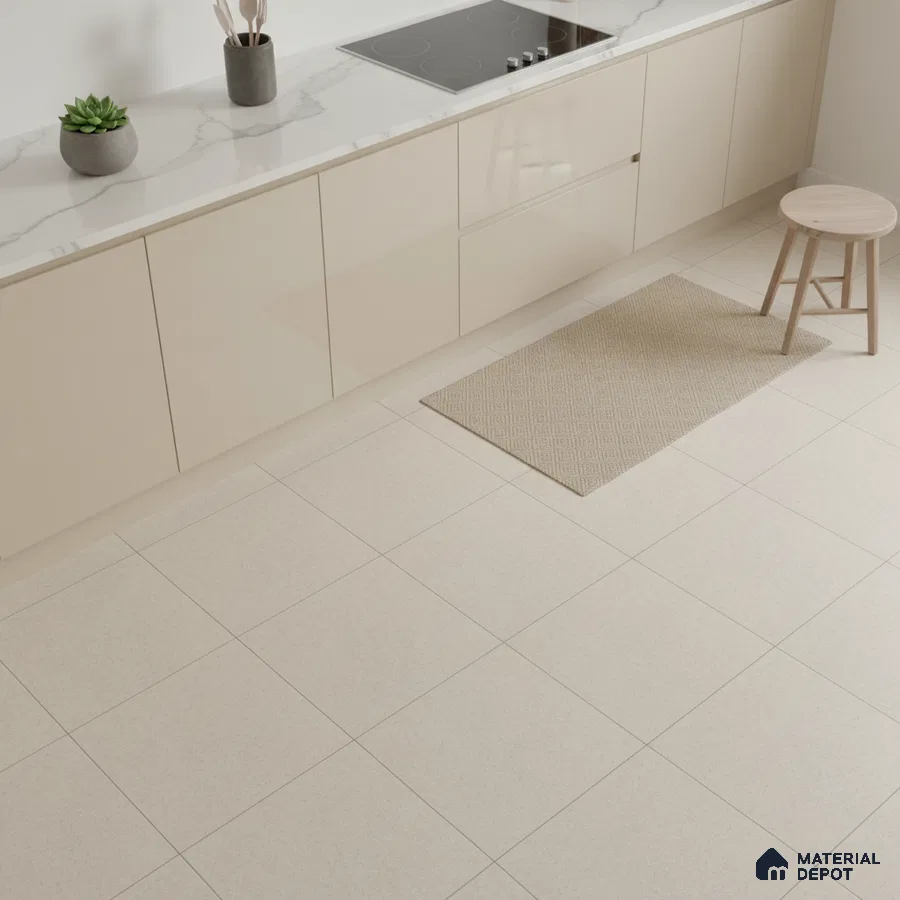 Minimalist kitchen with beige high gloss laminate cabinets, white marble-look quartz countertop, and light beige matte floor tiles