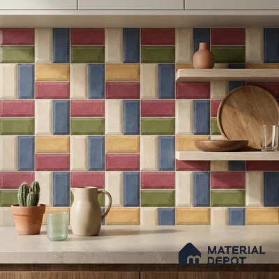 Eclectic Kitchen with Multicolor Pinwheel Subway Backsplash Tile and Walnut Shelves