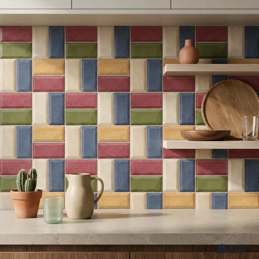 Eclectic Kitchen with Multicolor Pinwheel Subway Backsplash Tile and Walnut Shelves