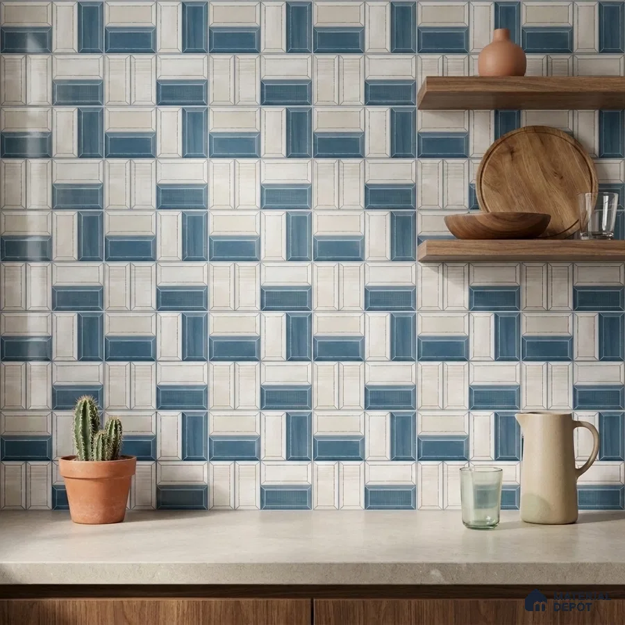 Modern Kitchen with Blue and Cream Basketweave Subway Backsplash Tile and Walnut Shelves