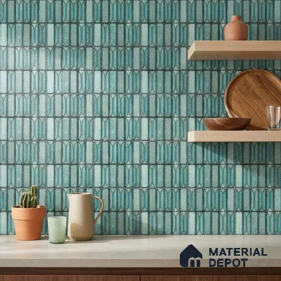 Modern Kitchen with Teal Picket Kitkat Backsplash Tile and Walnut Shelves