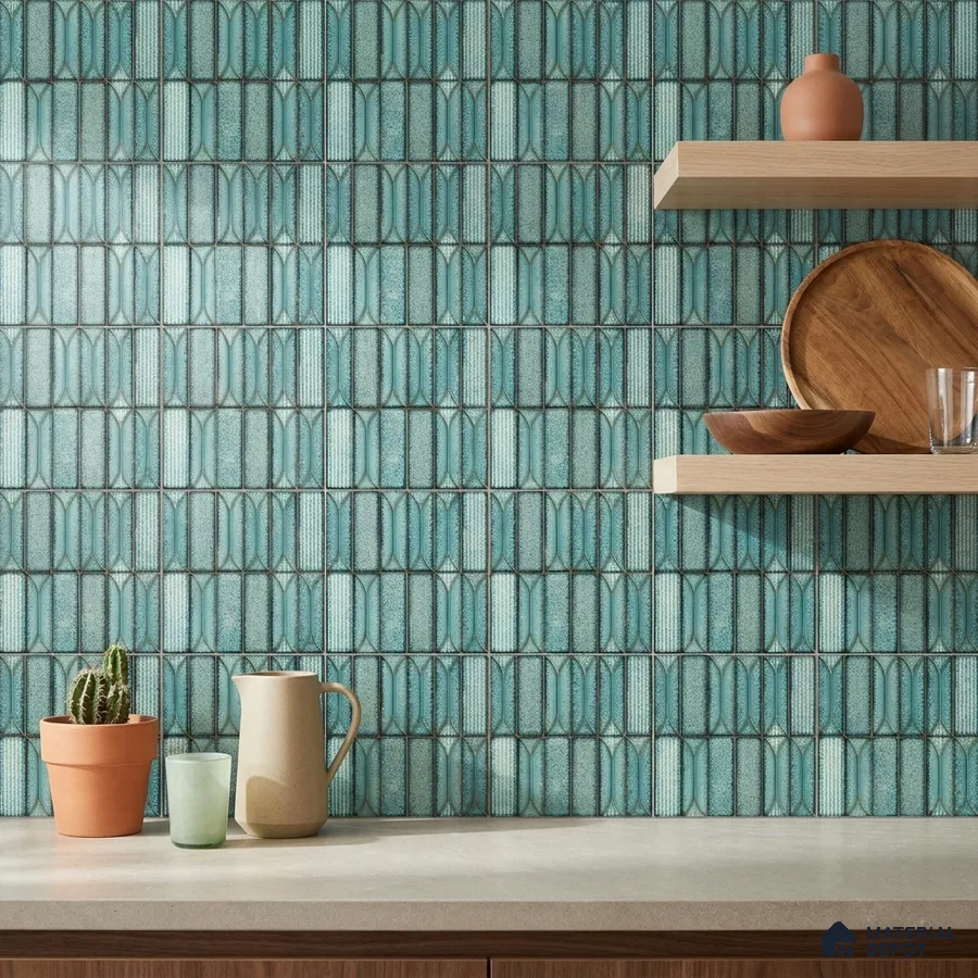 Modern Kitchen with Teal Picket Kitkat Backsplash Tile and Walnut Shelves