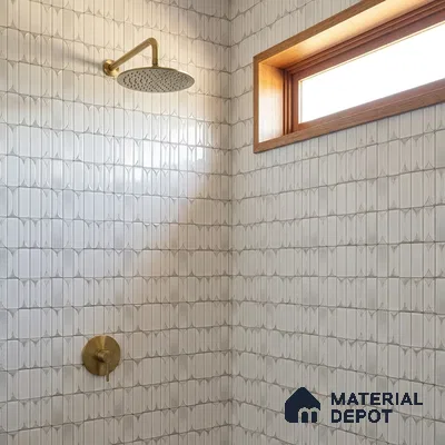 Modern Bathroom with White Fluted Picket Tile and Brass Fixtures