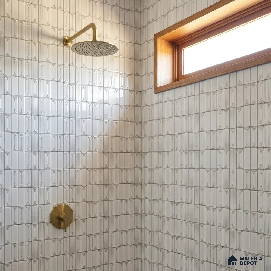 Modern Bathroom with White Fluted Picket Tile and Brass Fixtures