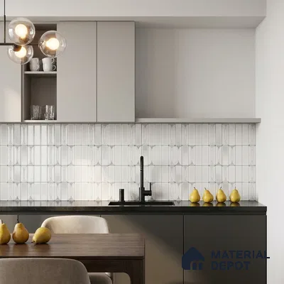 Modern Kitchen with White Fluted Picket Backsplash Tile and Dark Cabinets