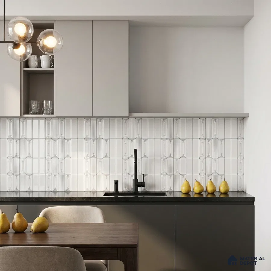 Modern Kitchen with White Fluted Picket Backsplash Tile and Dark Cabinets