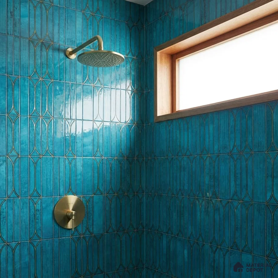 Modern Bathroom with Teal Blue Glossy Picket Tile and Brass Fixtures