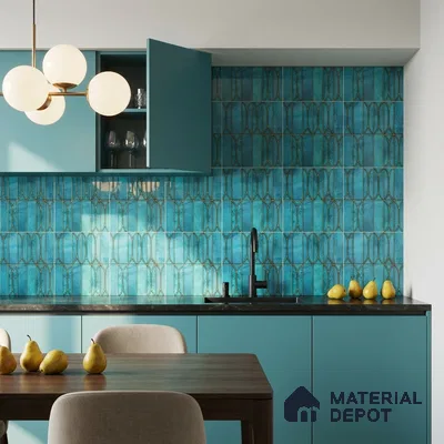 Modern Kitchen with Teal Blue Glossy Picket Backsplash Tile and Teal Cabinets