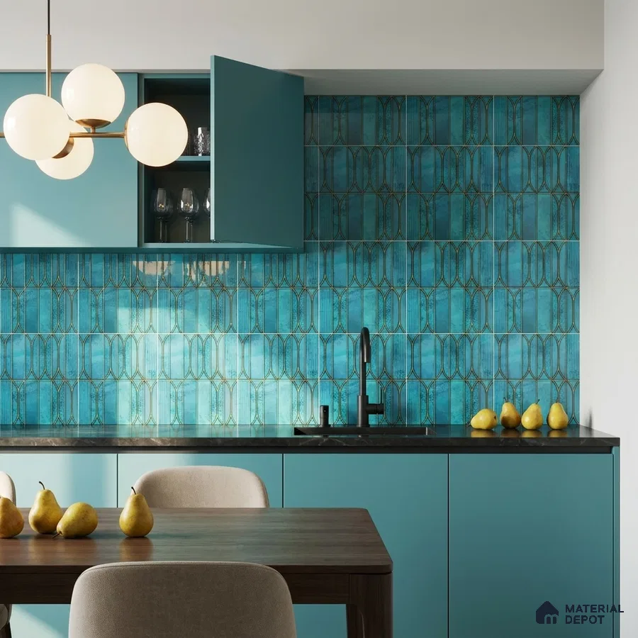 Modern Kitchen with Teal Blue Glossy Picket Backsplash Tile and Teal Cabinets