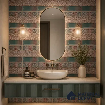 Bohemian Bathroom with Teal and Terracotta Patterned Ceramic Tile and Fluted Vanity