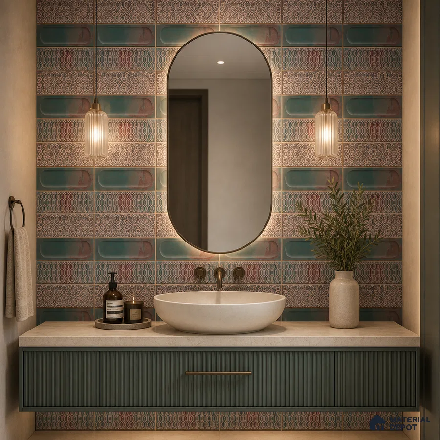 Bohemian Bathroom with Teal and Terracotta Patterned Ceramic Tile and Fluted Vanity
