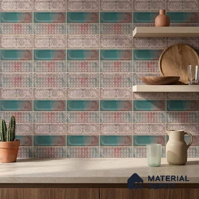 Bohemian Kitchen with Teal and Terracotta Patterned Backsplash Tile and Walnut Shelves