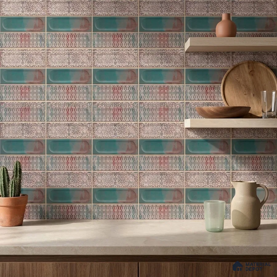 Bohemian Kitchen with Teal and Terracotta Patterned Backsplash Tile and Walnut Shelves