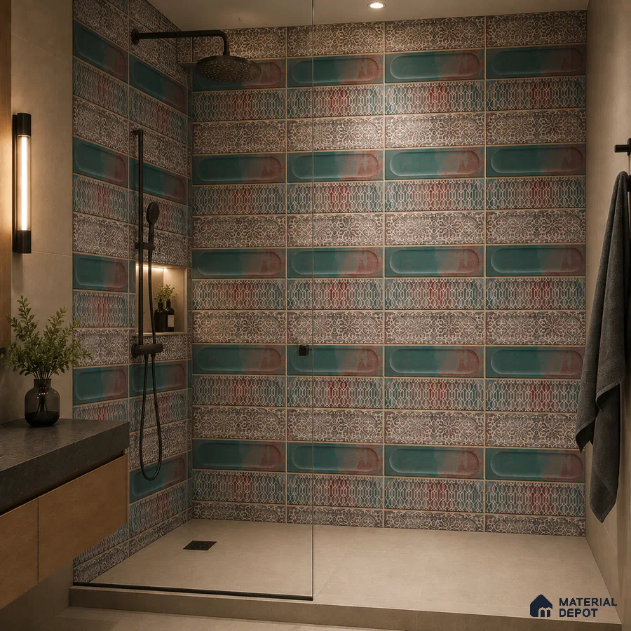 Eclectic Bathroom with Multicolor Patterned Ceramic Wall Tile and Teal Capsule Accents