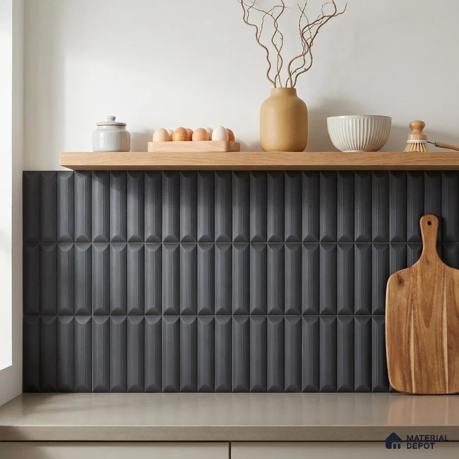 Modern Kitchen with Charcoal Fluted 3D Backsplash Tile and Oak Shelf
