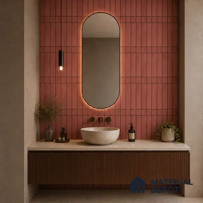 Modern Bathroom with Dusty Rose Vertical Stacked Wall Tile and Fluted Wood Vanity