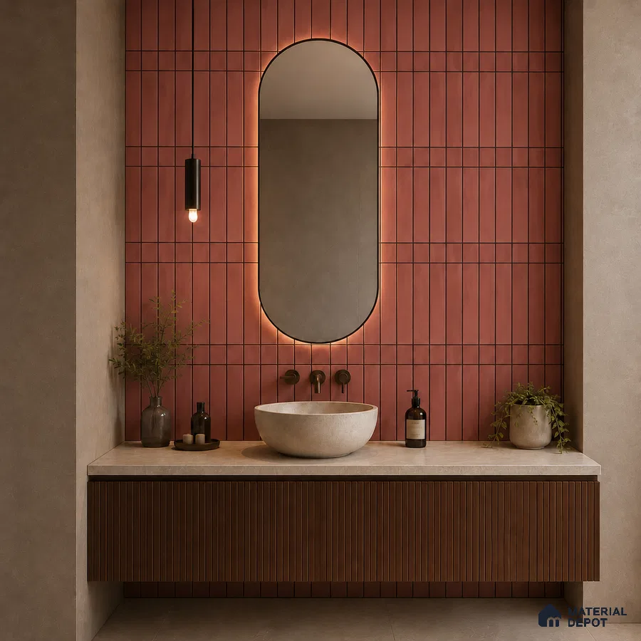 Modern Bathroom with Dusty Rose Vertical Stacked Wall Tile and Fluted Wood Vanity