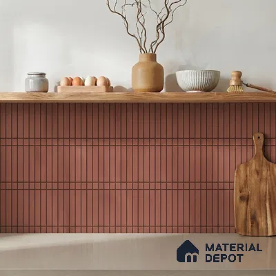 Modern Kitchen with Terracotta Kitkat Backsplash Tile and Oak Shelf
