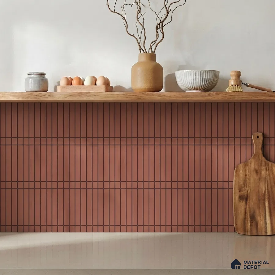 Modern Kitchen with Terracotta Kitkat Backsplash Tile and Oak Shelf