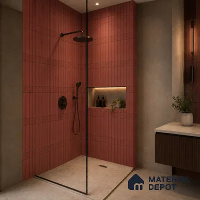 Modern Bathroom with Terracotta Vertical Stacked Wall Tile and Black Fixtures