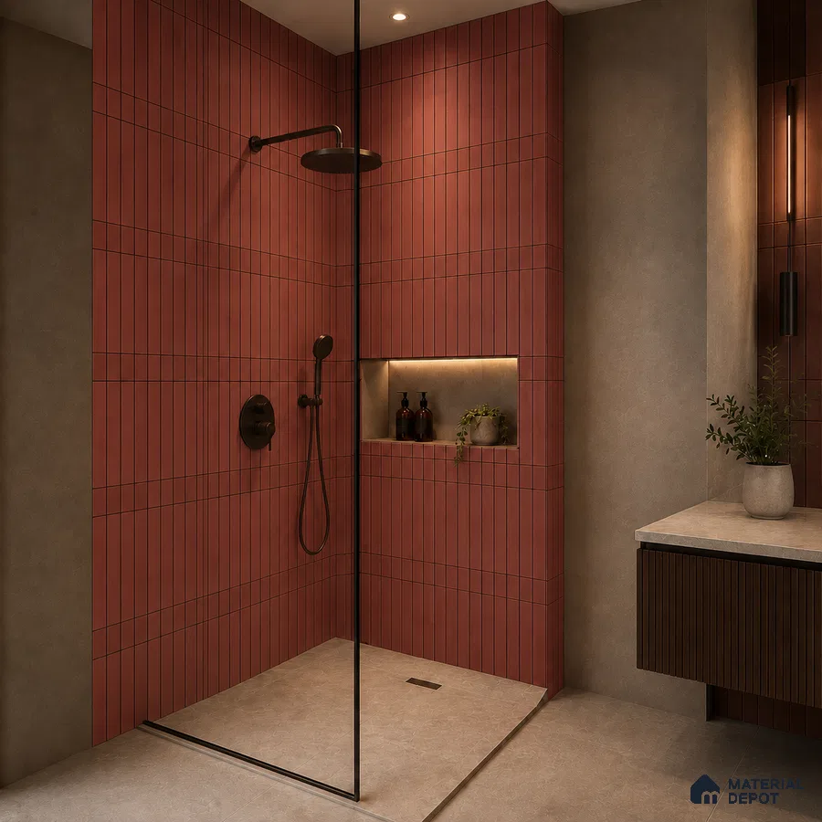 Modern Bathroom with Terracotta Vertical Stacked Wall Tile and Black Fixtures