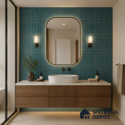 Modern Bathroom with Teal Blue Vertical Stacked Wall Tile and Fluted Wood Vanity