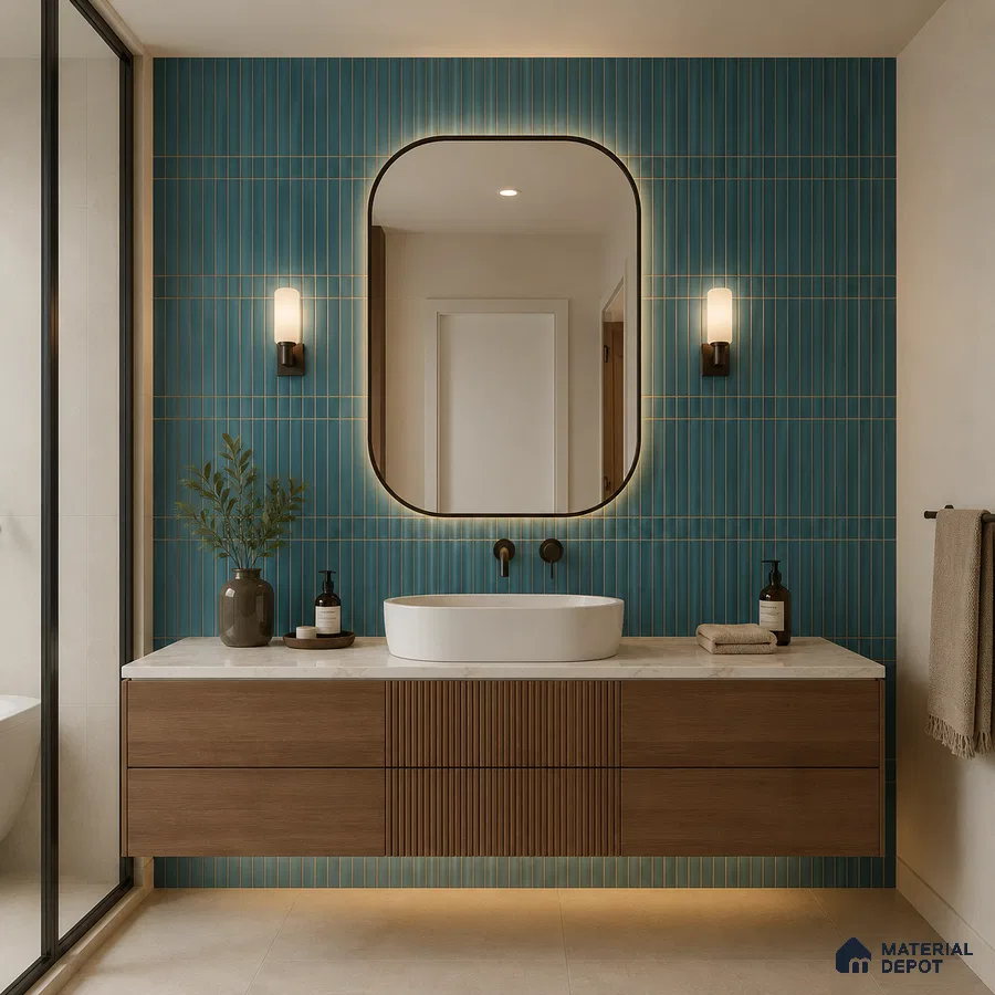 Modern Bathroom with Teal Blue Vertical Stacked Wall Tile and Fluted Wood Vanity