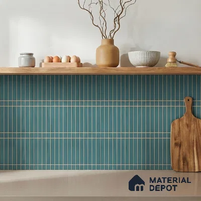 Modern Kitchen with Teal Blue Kitkat Backsplash Tile and Oak Shelf