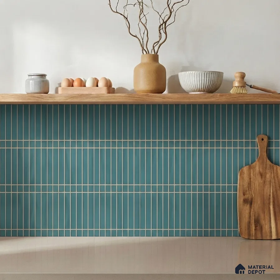 Modern Kitchen with Teal Blue Kitkat Backsplash Tile and Oak Shelf