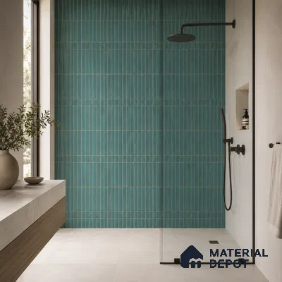 Modern Bathroom with Teal Green Vertical Stacked Wall Tile and Black Fixtures