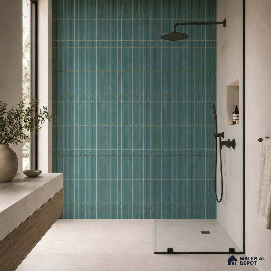 Modern Bathroom with Teal Green Vertical Stacked Wall Tile and Black Fixtures