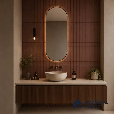 Modern Bathroom with Maroon Brown Vertical Stacked Wall Tile and Fluted Wood Vanity