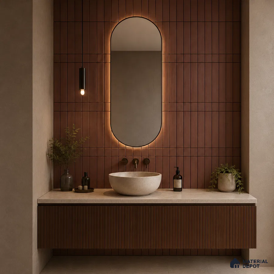 Modern Bathroom with Maroon Brown Vertical Stacked Wall Tile and Fluted Wood Vanity