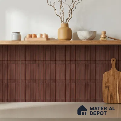 Modern Kitchen with Terracotta Brown Kitkat Backsplash Tile and Oak Shelf