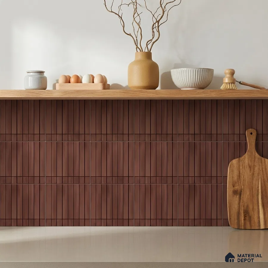 Modern Kitchen with Terracotta Brown Kitkat Backsplash Tile and Oak Shelf