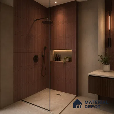 Modern Bathroom with Maroon Brown Vertical Stacked Wall Tile and Black Fixtures