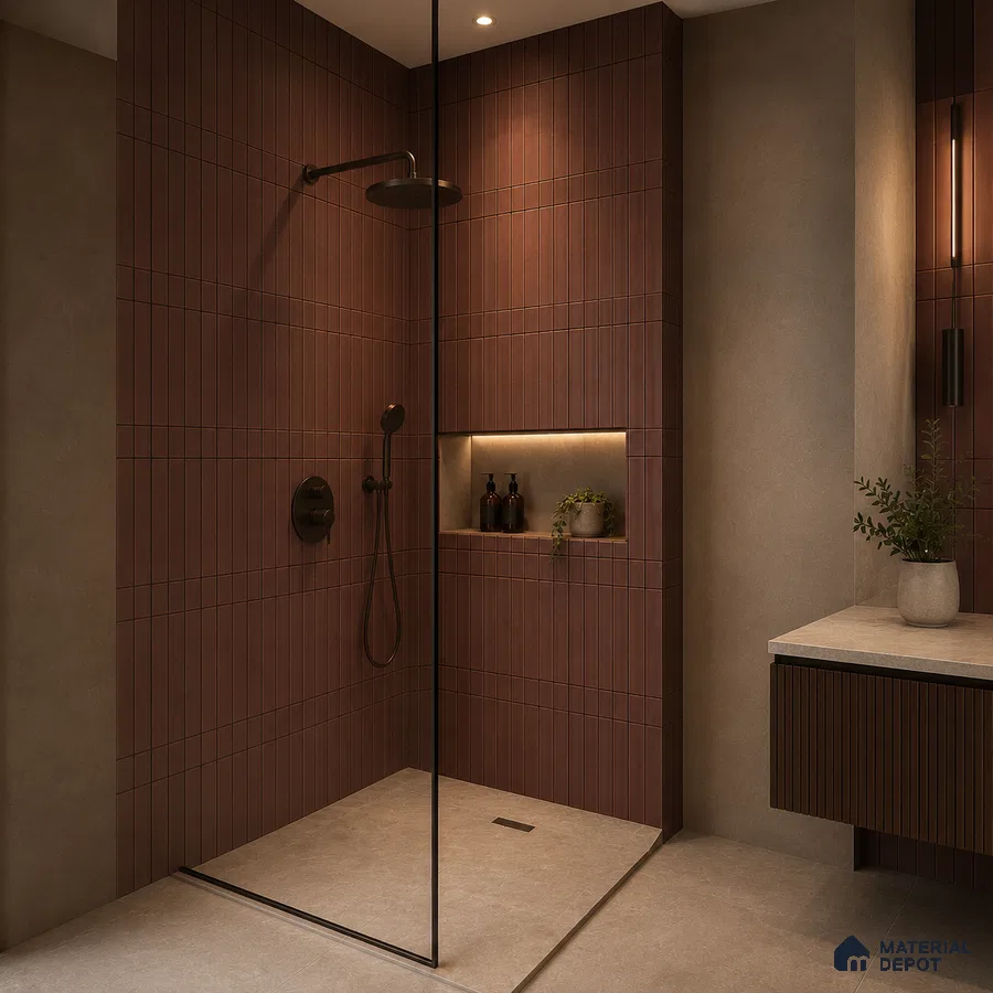 Modern Bathroom with Maroon Brown Vertical Stacked Wall Tile and Black Fixtures