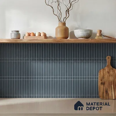 Modern Kitchen with Slate Blue Kitkat Backsplash Tile and Oak Shelf