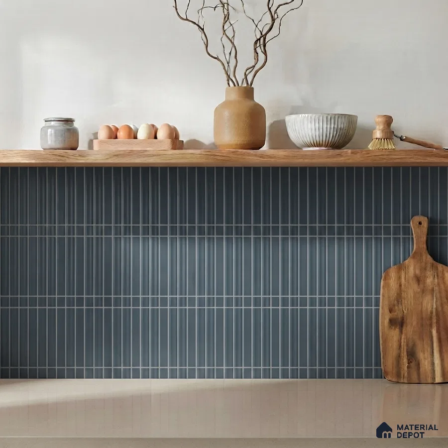 Modern Kitchen with Slate Blue Kitkat Backsplash Tile and Oak Shelf